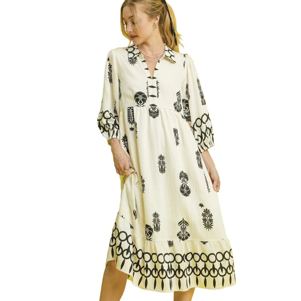 NWT Cora Black and Cream Boho Print Midi Dress with Puff Sleeves Small
